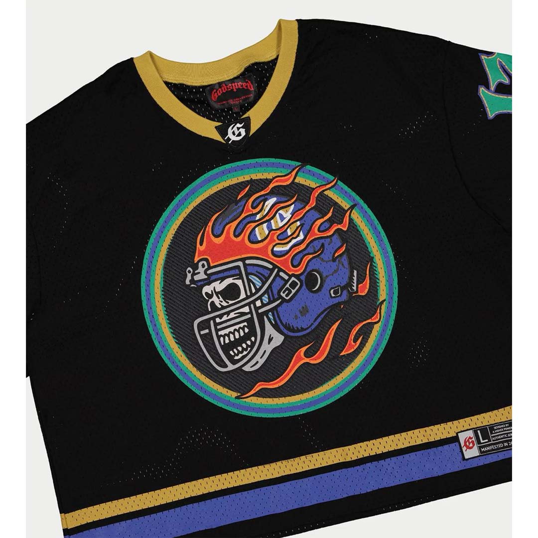Godspeed First Down Jersey Tee Black Yellow Blue Boxy
